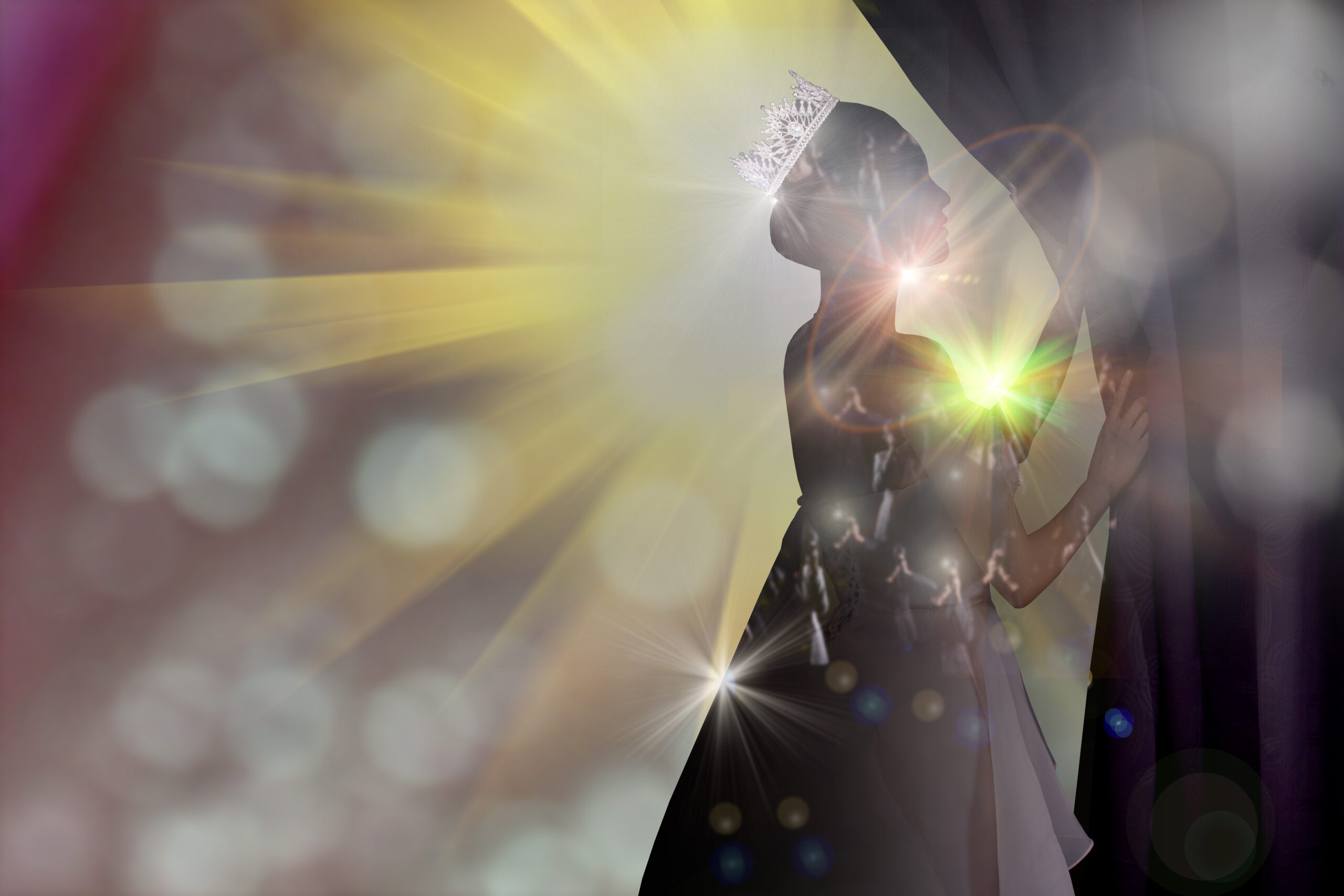 Concept of Beautiful Miss Pageant Queen Contest opens Stage Curtain as Door windows of New Opportunity, Life, Work. Camera flash from media press photographer, Double Exposure copy space text logo